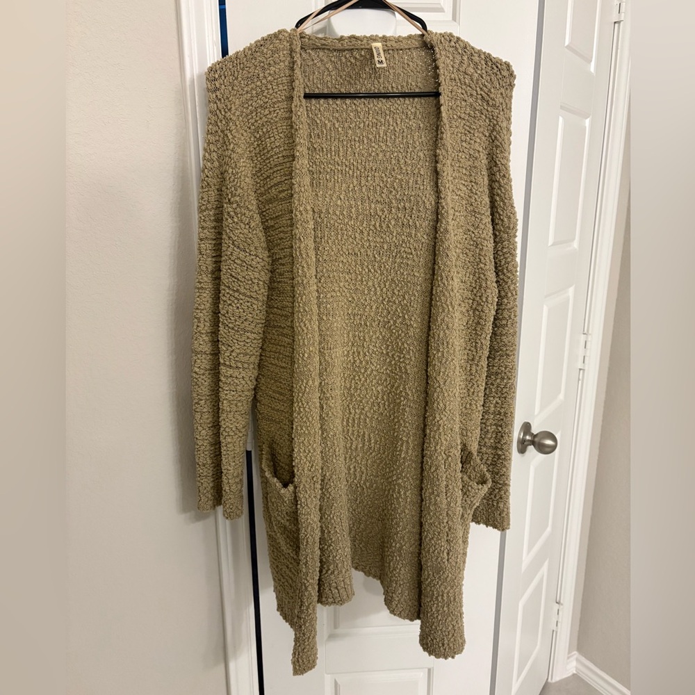 Loose Fit Popcorn Knit Long Sleeve Pocket Open Sweater Cardigan